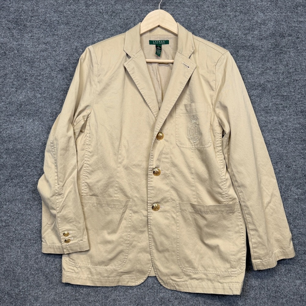 Lauren Ralph Lauren Mens Size Large Blazer Jacket Tan Khaki Cotton Three Buttons